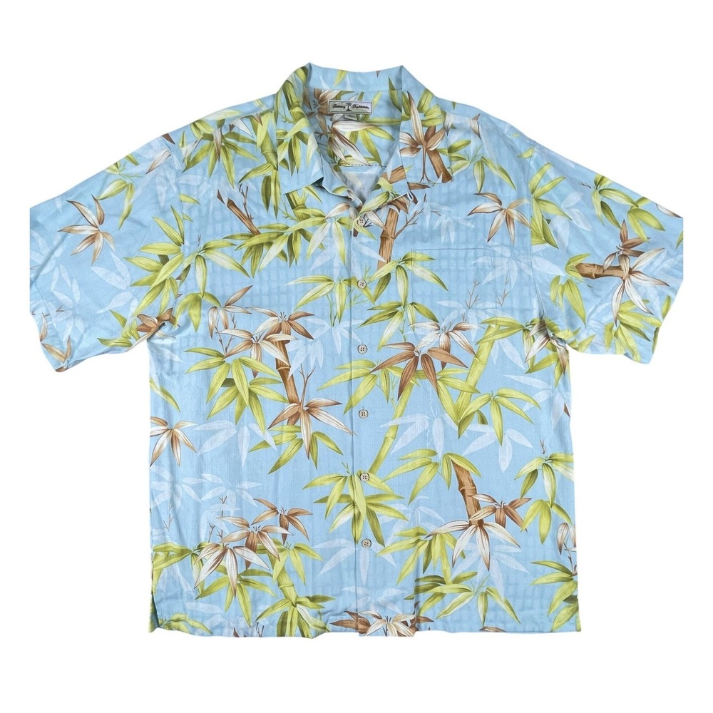 Tommy Bahama Shirt Mens XL Blue Bamboo Print Silk Short Sleeve Camp Button Up